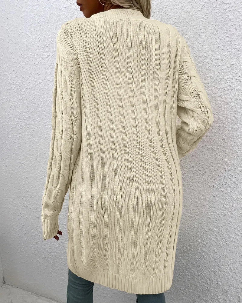 Solid Cable-Knit Open-Front Button Pocket Loose Long Cardigan