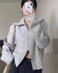 Wool turtleneck zip cardigan with chunky ribbed knit texture, silver zipper, and fold-over high collar, layered with black trousers and a faux fur stole for cozy winter styling.