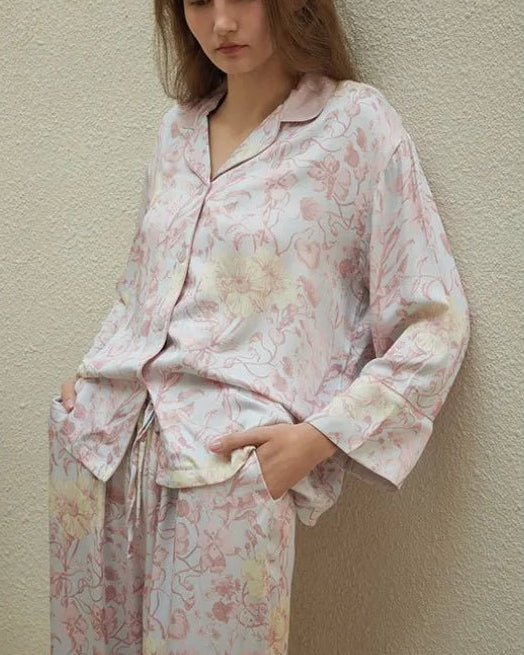 Rayon Satin Floral Print Lapel Pajamas