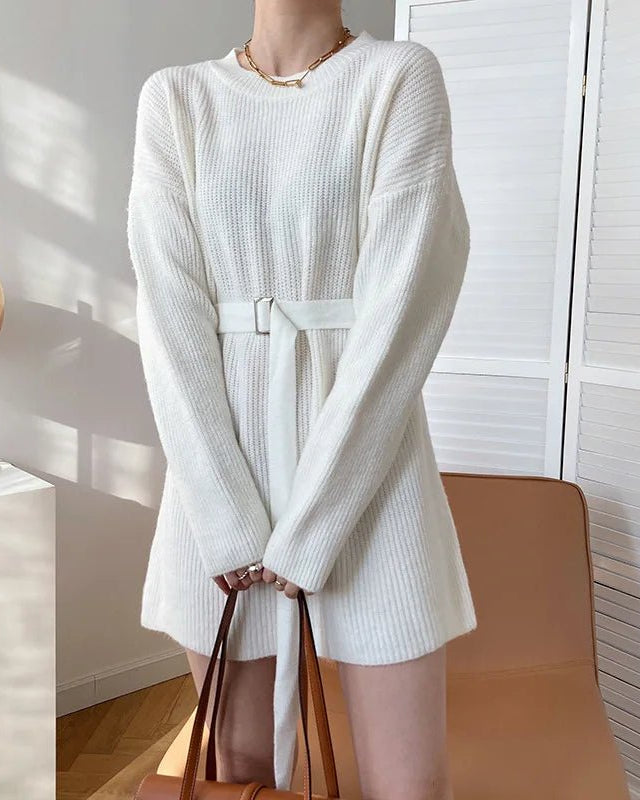 Vintage Round-neck Belted Knitted Dress
