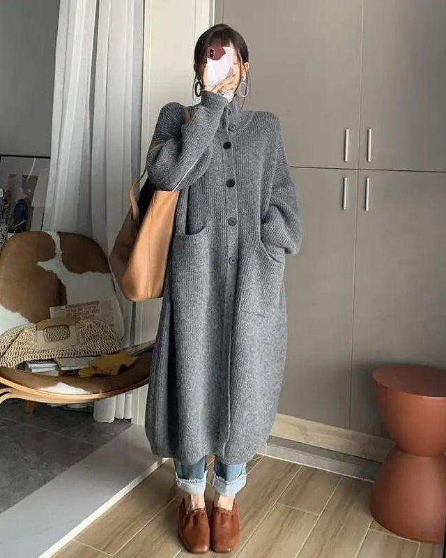 Oversized High-Neck Long Cardigan With Pocket
