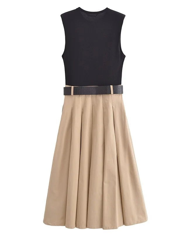 Summer Sleeveless Belted Pleated Midi Dress