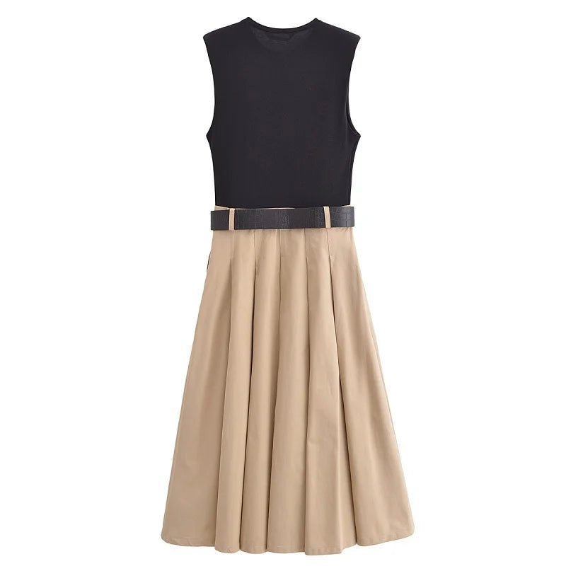 Summer Sleeveless Belted Pleated Midi Dress
