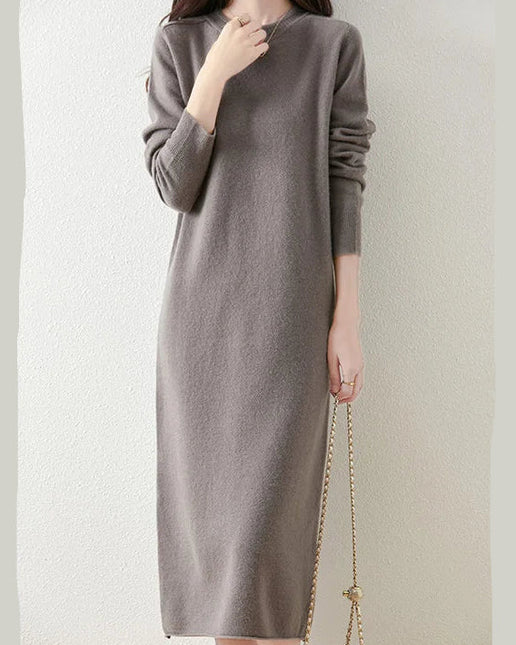 Pure Wool Round-Neck Knit Midi Dress