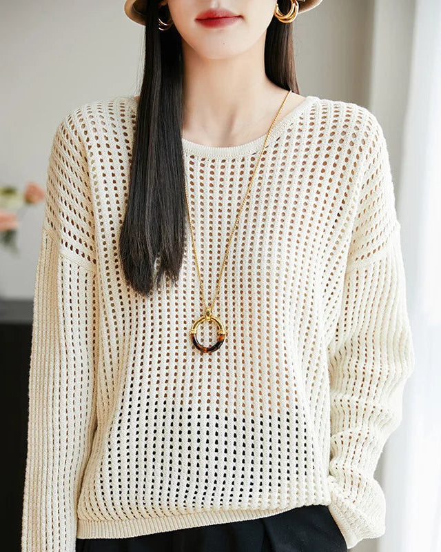 Pure Cotton Openwork Long-Sleeve T-Shirt