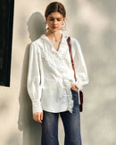 Ruffled Embroidered Hollow-Out Long-Sleeved Shirt