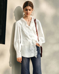 Ruffled Embroidered Hollow-Out Long-Sleeved Shirt