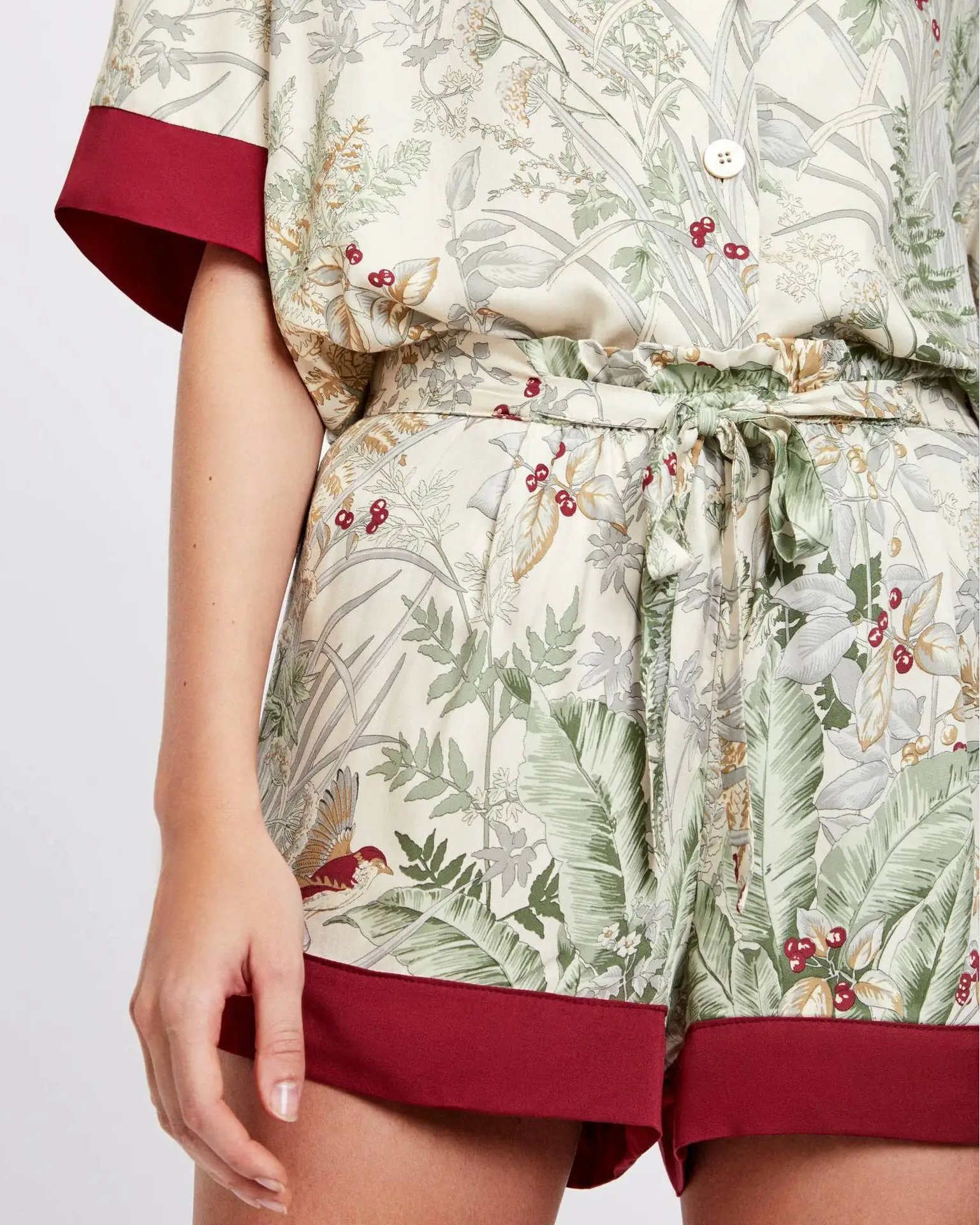 Printed Short Sleeve Shirt & Shorts Satin Pajamas Set