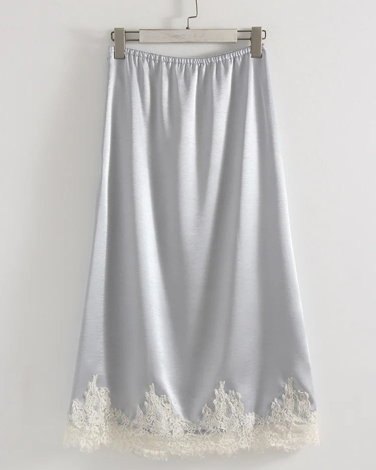 Satin And Lace-Paneled A-Line Midi Skirt