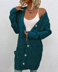 Solid Cable-Knit Open-Front Button Pocket Loose Long Cardigan