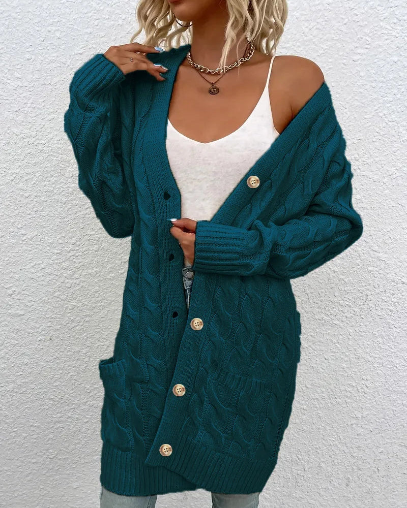 Solid Cable-Knit Open-Front Button Pocket Loose Long Cardigan