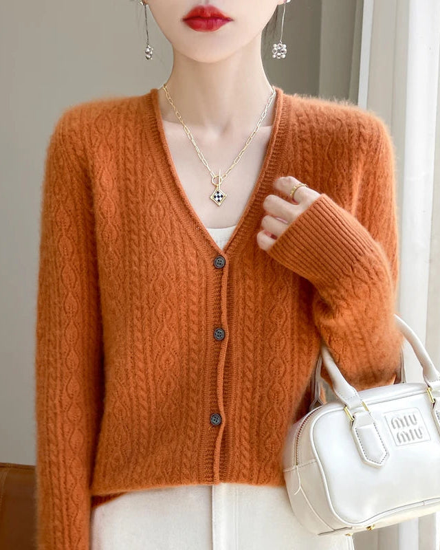 Wool V-Neck Curled Twisted Hollow-Out Open Cardigan