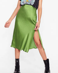 Acetate Satin Side-Slit A-Line Midi Skirt