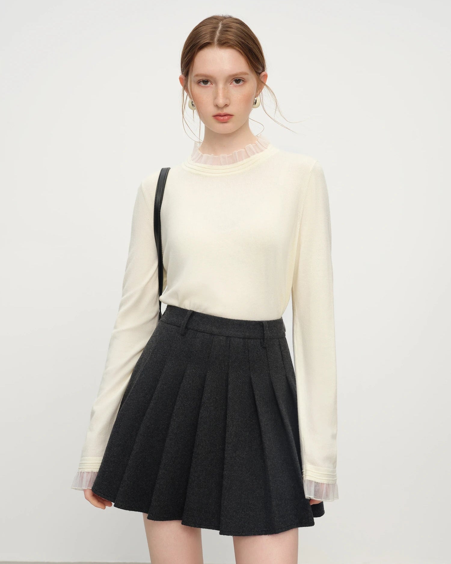 High-Neck Ruffled Knitted Slim-Fit Sweater