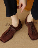 Women’s genuine leather lace-up block heels in black, oxford style shoes with square heel and stitching detail, perfect for casual everyday wear.