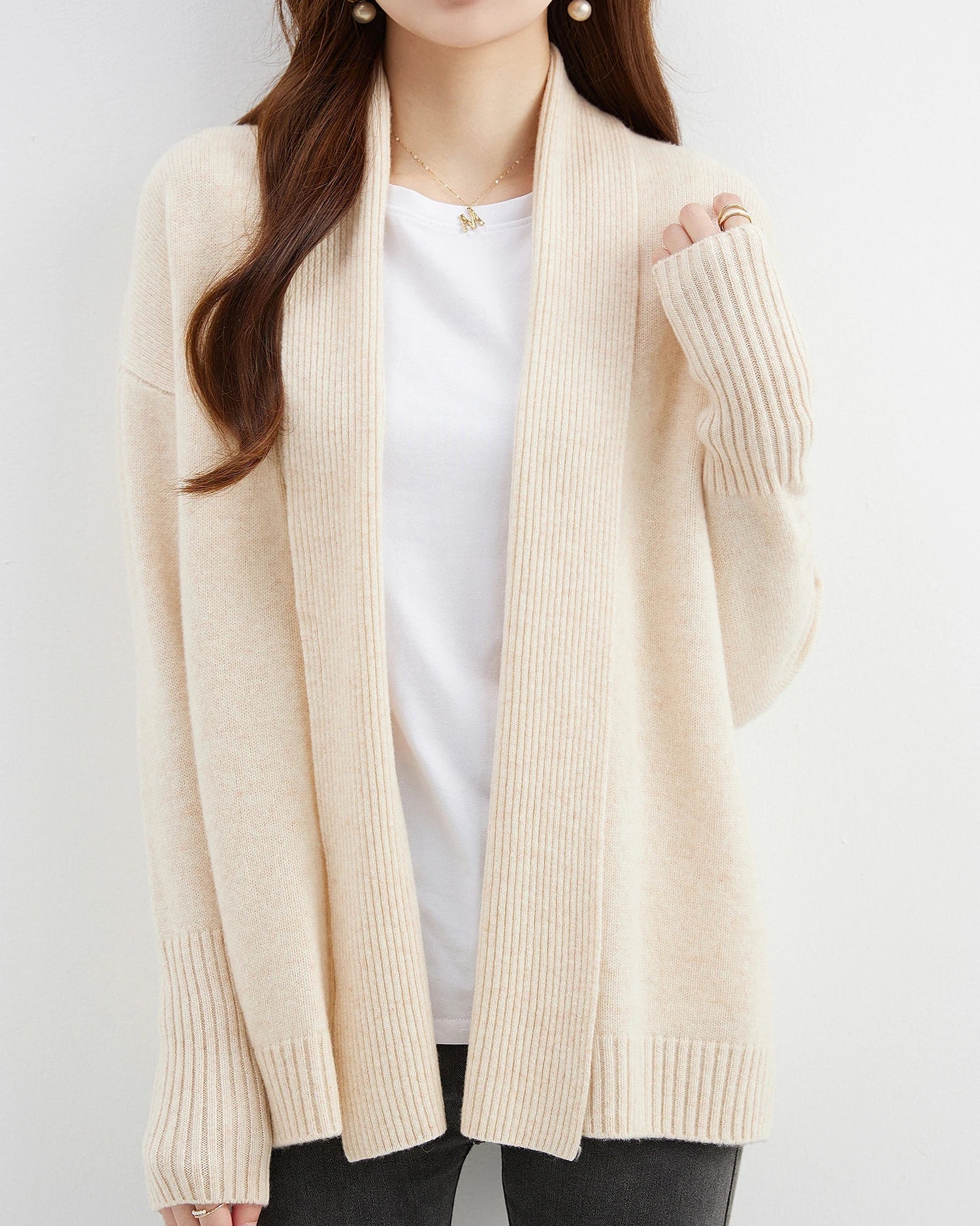 Merino Wool Solid Scarf Collar Loose Knit Cardigan