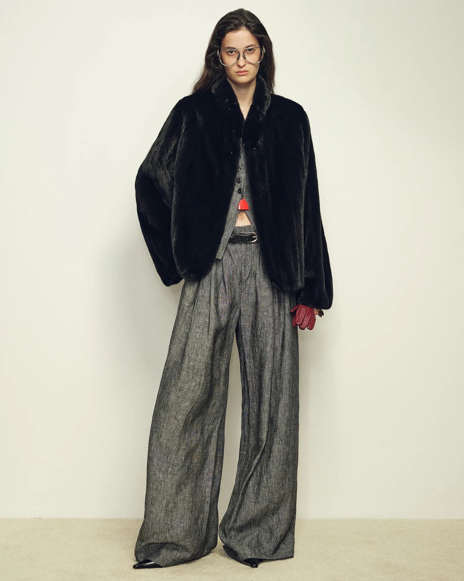 Faux Mink Fur Solid Stand Collar Pocket Short Coat