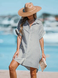 Oversized Striped Short Dolman Sleeve Shirt Dress