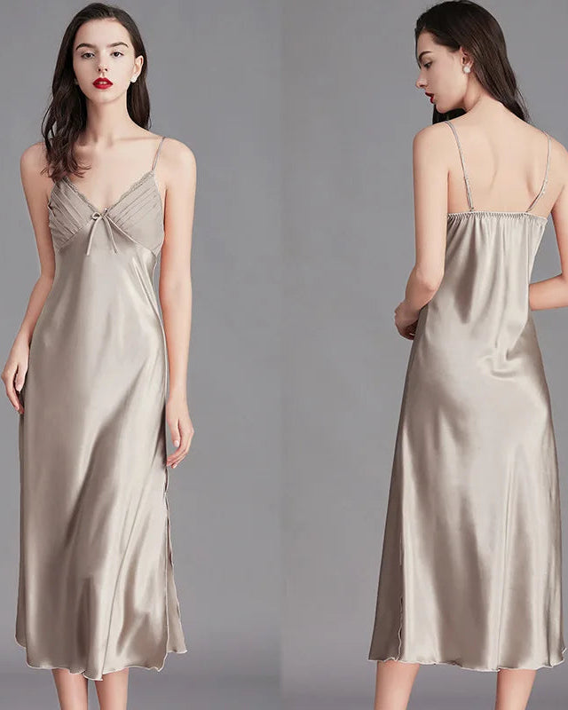Lace-Trim Satin Mid-Length Slip Nightgown