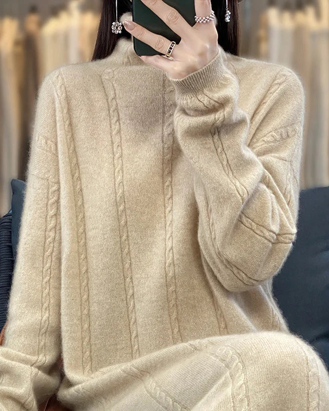 Wool Cashmere Solid Turtleneck Loose Long Knit Dress