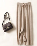 Merino Wool Solid Elastic Waist Wide Leg Knit Trousers