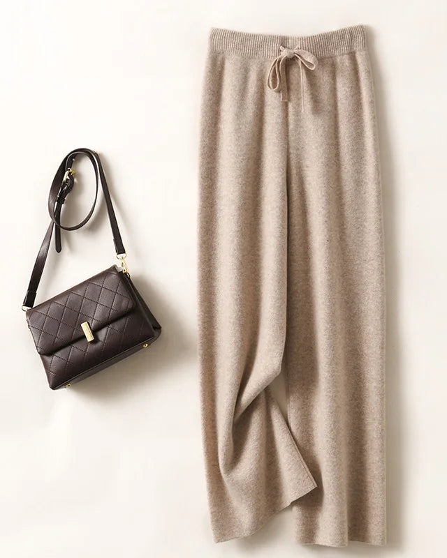 Merino Wool Solid Elastic Waist Wide Leg Knit Trousers