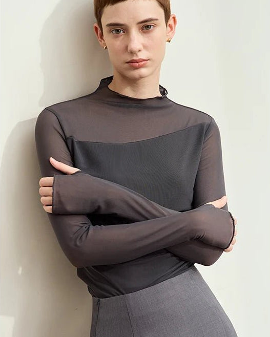 Half-high Neck Micro Perspective Slim Retro Shirt