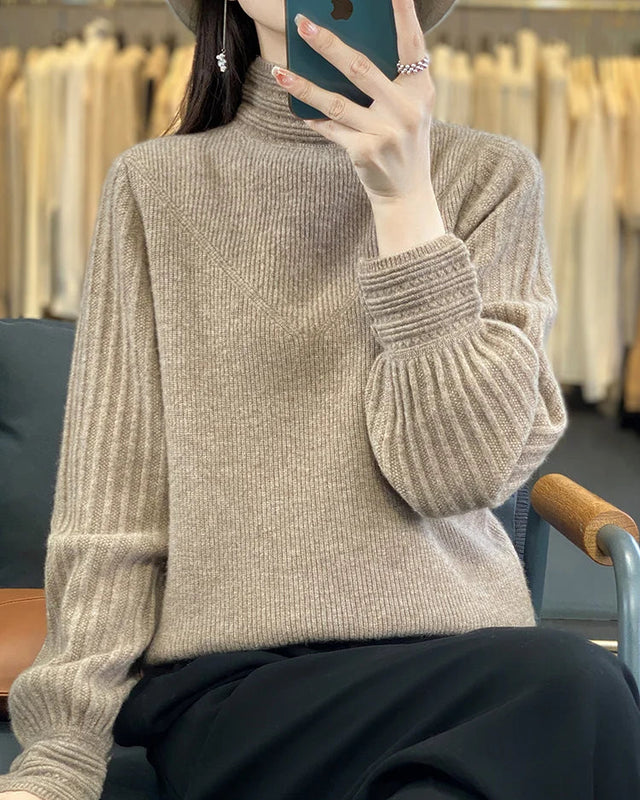 Wool Half-High Collar Lantern Sleeve Knit Pullover