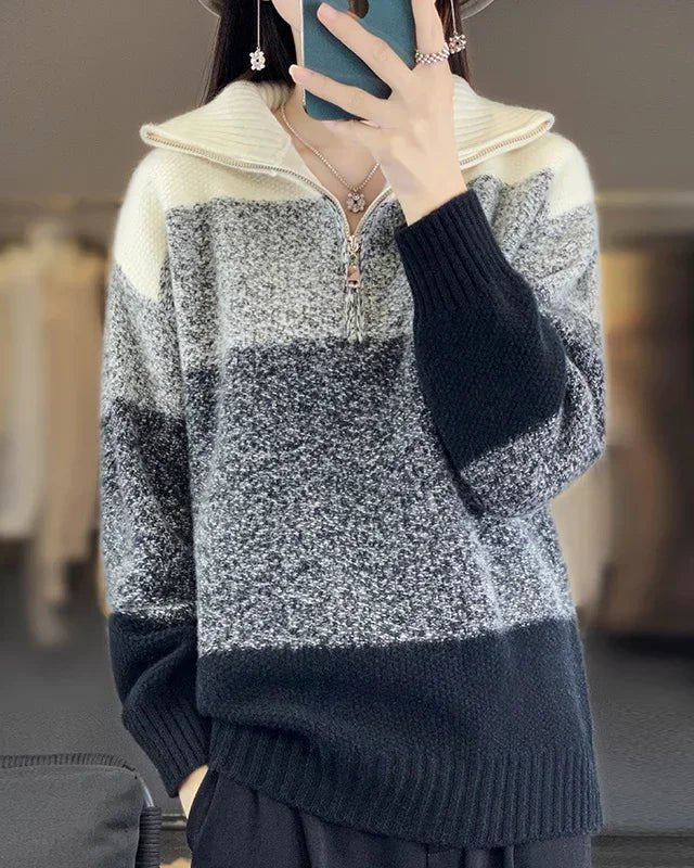 Color Block High Collar Wool Knitted Pullover Sweater