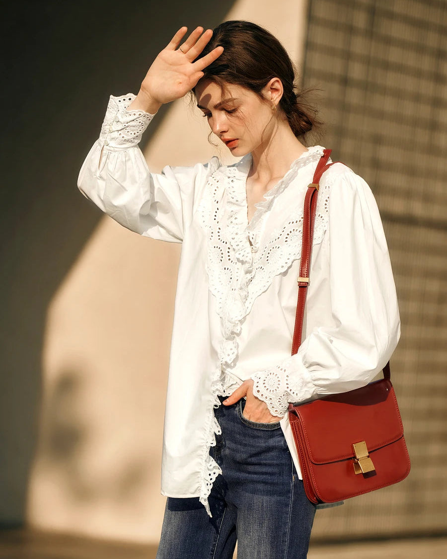 Ruffled Embroidered Hollow-Out Long-Sleeved Shirt