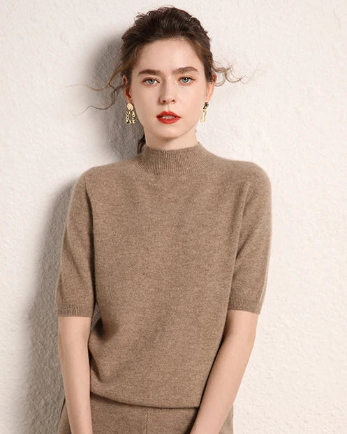 Cashmere Half-Sleeve Mock-Neck Sweater