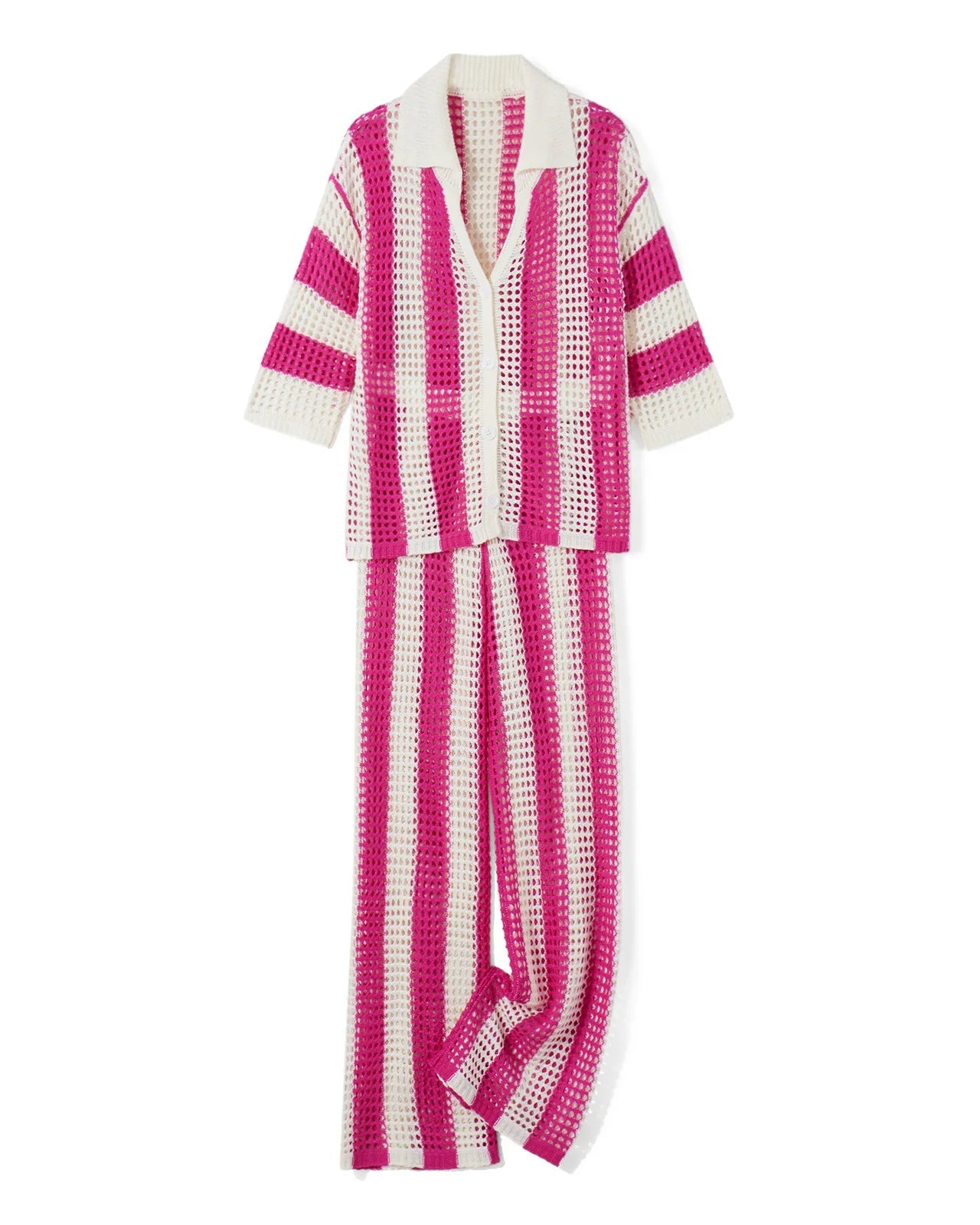 Crochet Knit Cardigan & Wide-Leg Trouser 2-Piece Set