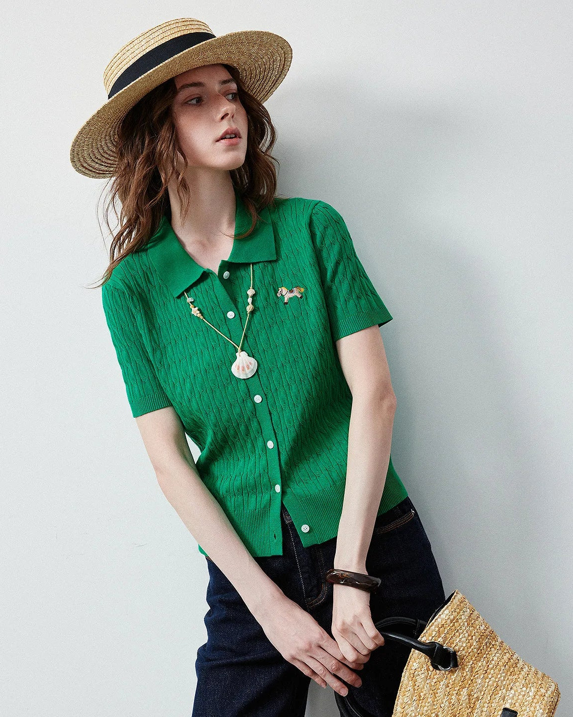 Ice Silk Cable Knit Polo Top