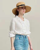 Ruffled V-Neck Long-Sleeved Loose-Fitting Shirt