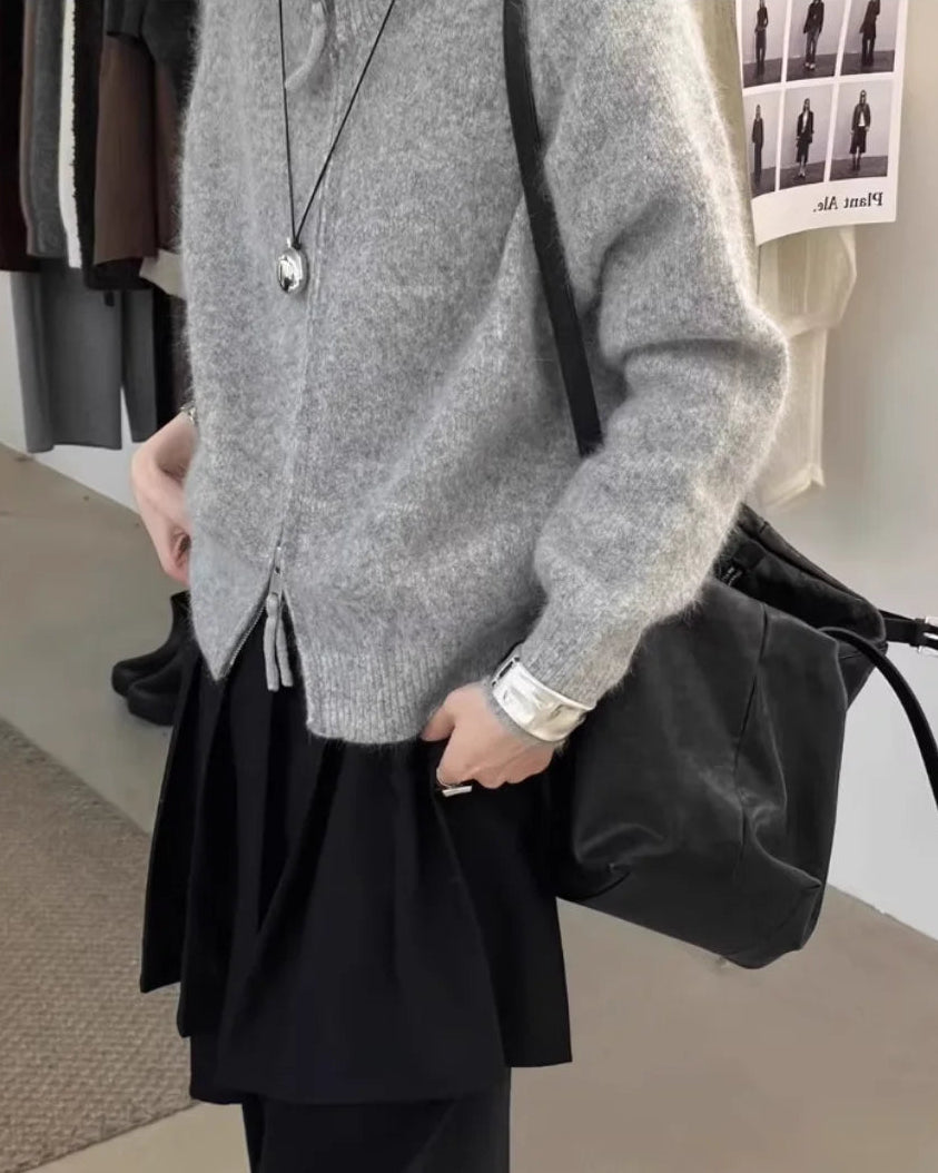 100% Wool Turtleneck Double-Zip Loose Cardigan