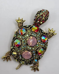 Stylish rhinestone little turtle brooch in gold tone, cute reptile pin with sparkling multicolor gems and detailed shell pattern, perfect for adding playful charm.