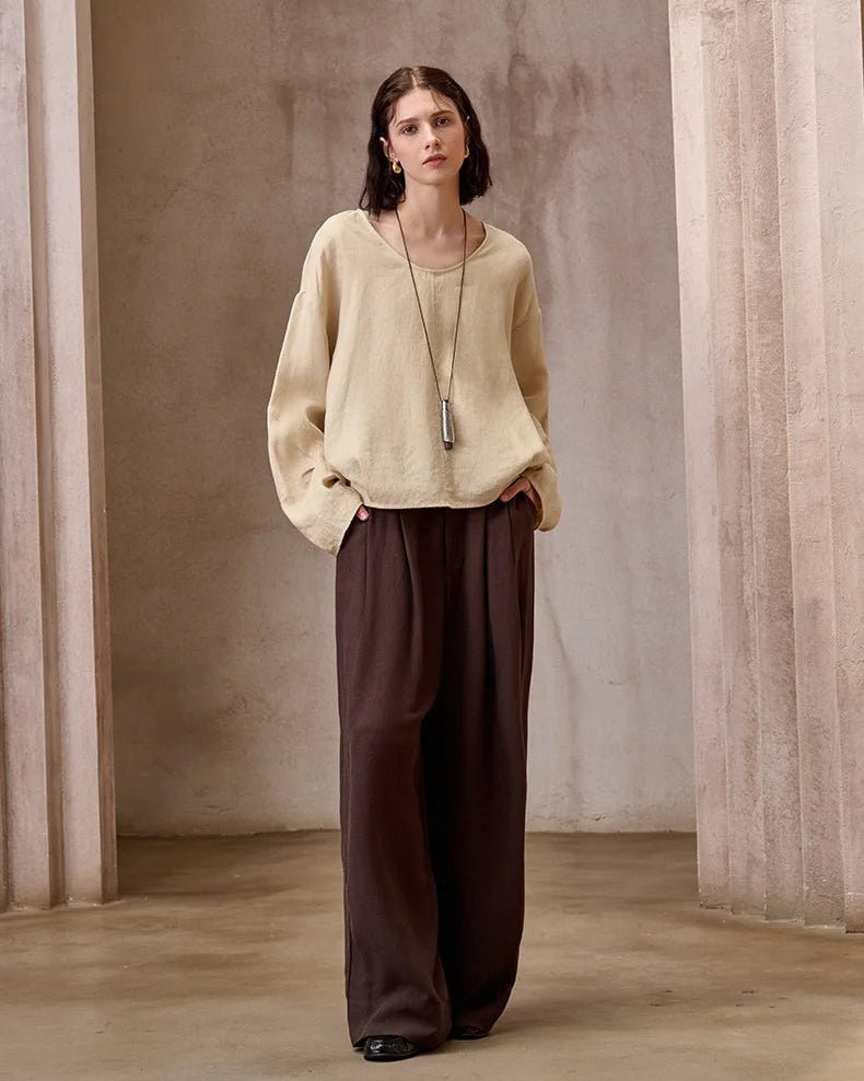 Fashionable Linen U-Neck Long-Sleeved Shirt