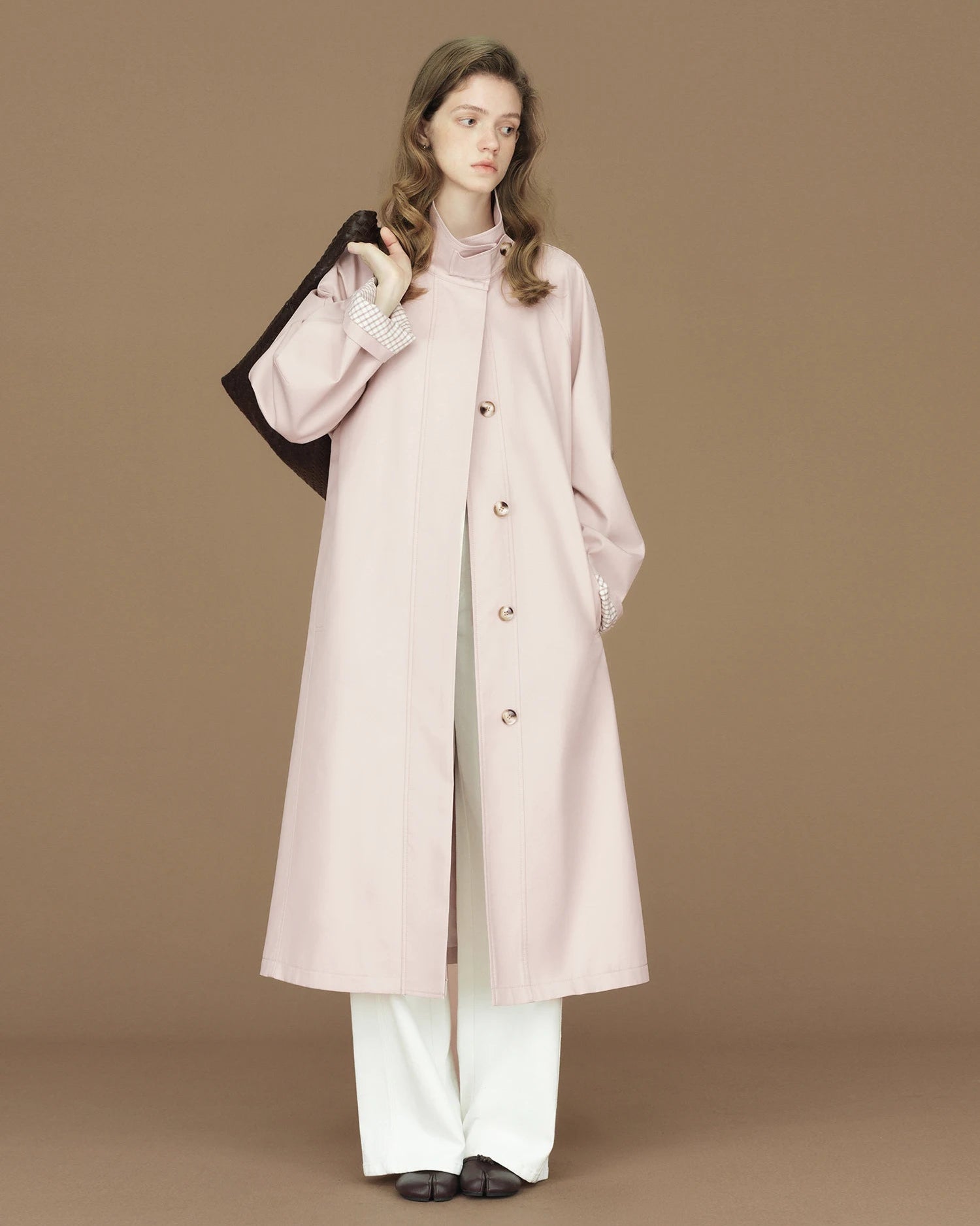 Contrast-Cuff Stand-Collar Long Trench Coat
