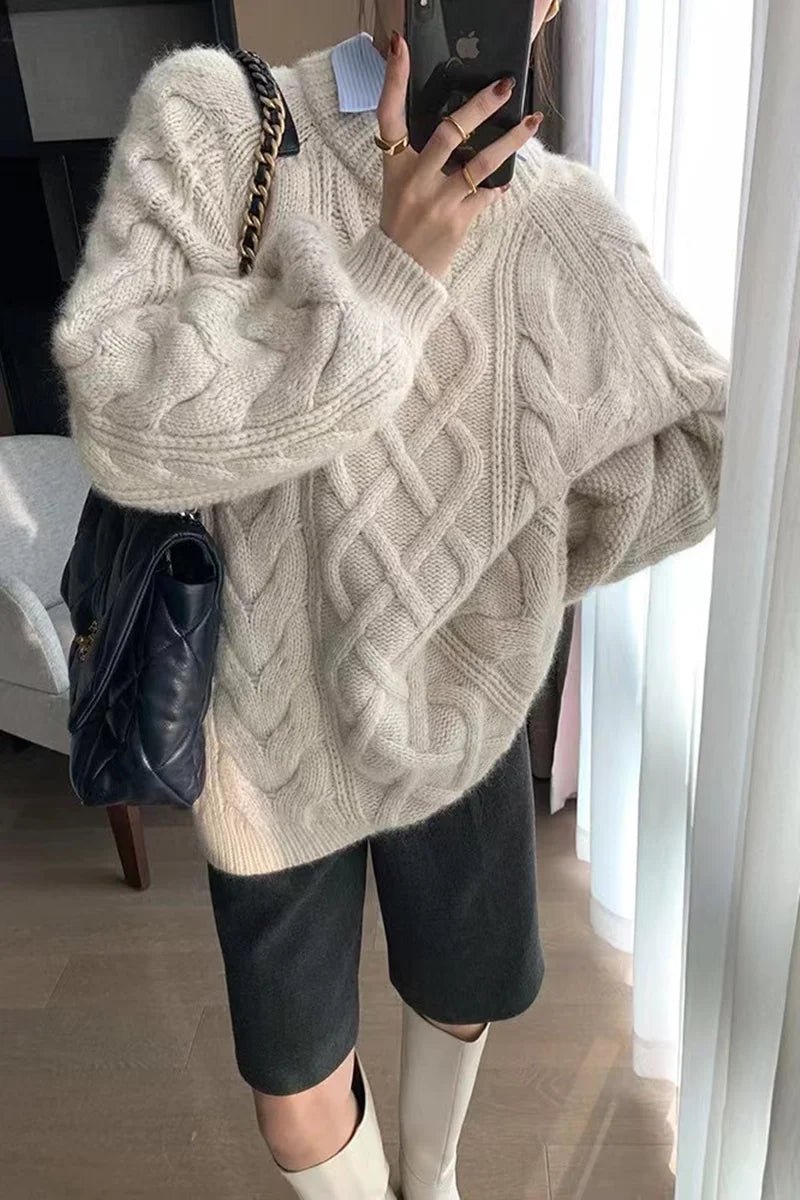 Twisted Woolen Knit Round Neck Sweater