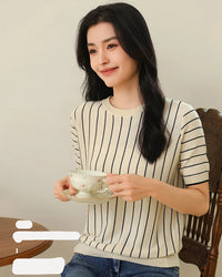 Pure Cotton Loose-Fit Vertical Striped T-Shirt