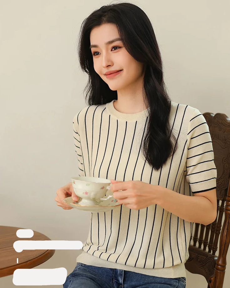Pure Cotton Loose-Fit Vertical Striped T-Shirt