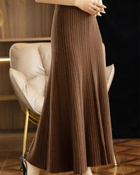 Elegant Pleated Wool A-Line Long Skirt