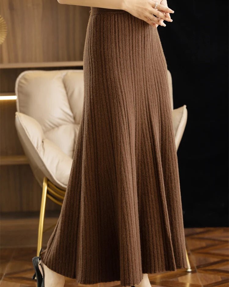 Elegant Pleated Wool A-Line Long Skirt