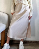 Acetate Satin Side-Slit A-Line Midi Skirt