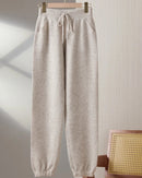100% merino wool solid elastic waist knit pencil pants. Warm, soft, and slight stretch — cosy casual autumn winter knitted trousers for women.