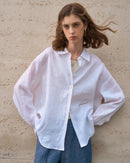 100% linen women’s shirt with embroidery detail, turndown collar and full-button placket. Loose mid-length silhouette — lightweight, breathable spring-summer casual wear.