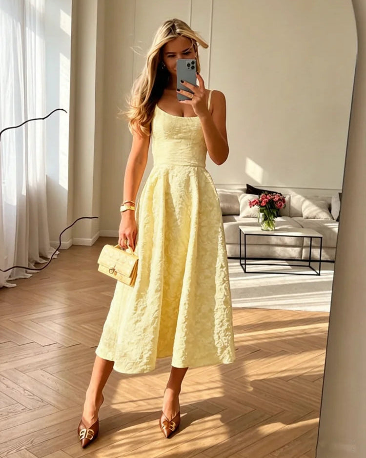 V-neck sleeveless backless jacquard A-line midi dress in polyester. Slight stretch, elegant silhouette — a chic summer party and evening gown for women.