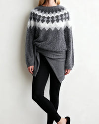 Wool Striped Geometric Jacquard Round Neck Knit Pullover