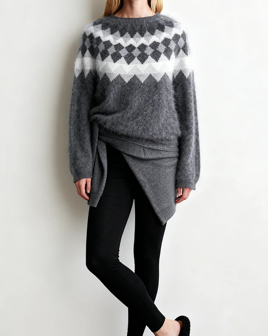 Wool Striped Geometric Jacquard Round Neck Knit Pullover
