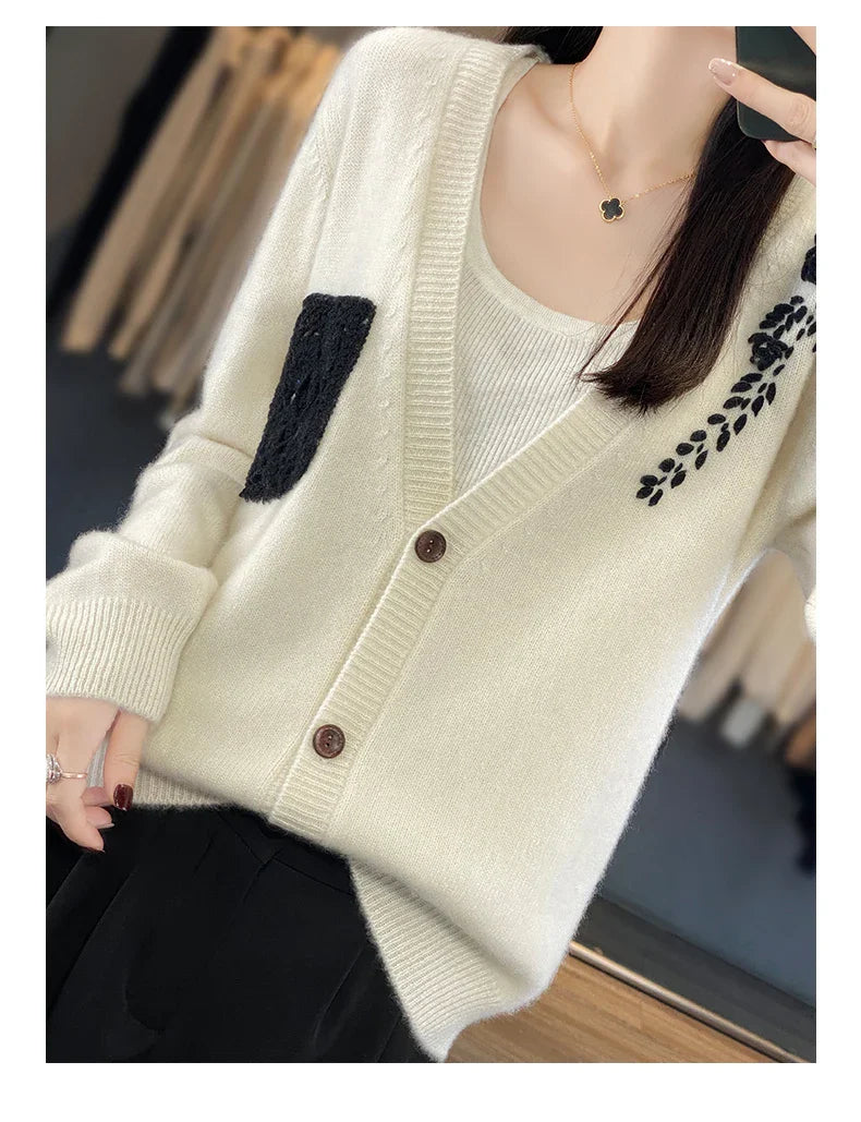 Crochet Merino Wool V-neck Cardigan